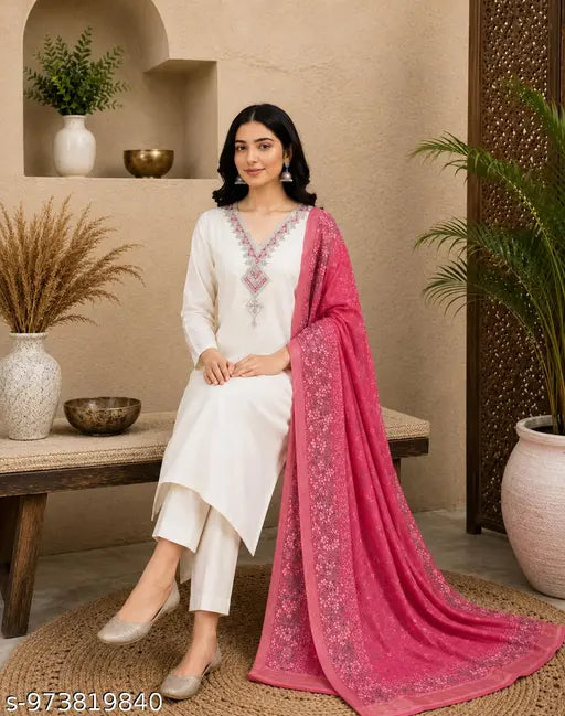 new Cream kurti sete duptta,White embroidered kurta with pink dupatta,Pakistani embroidered 3 piece suit,Women's summer lawn dress with dupatta,Traditional embroidered Pakistani outfit,White ethnic suit for festive wear,Designer kurta set with printed dup