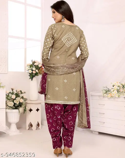 Nirvaan Women's Beautiful Crepe Bandhani Printed Unstitched Dress Material | Mehendi And Purple Color Unstitched Salwar Suit With Dupatta | Salwar Suit For Woman