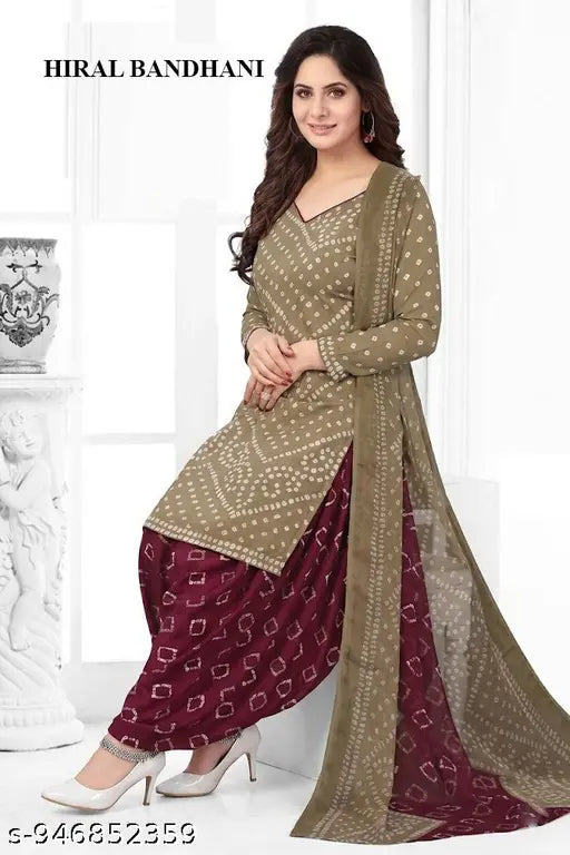 Nirvaan Women's Beautiful Crepe Bandhani Printed Unstitched Dress Material | Mehendi And Purple Color Unstitched Salwar Suit With Dupatta | Salwar Suit For Woman