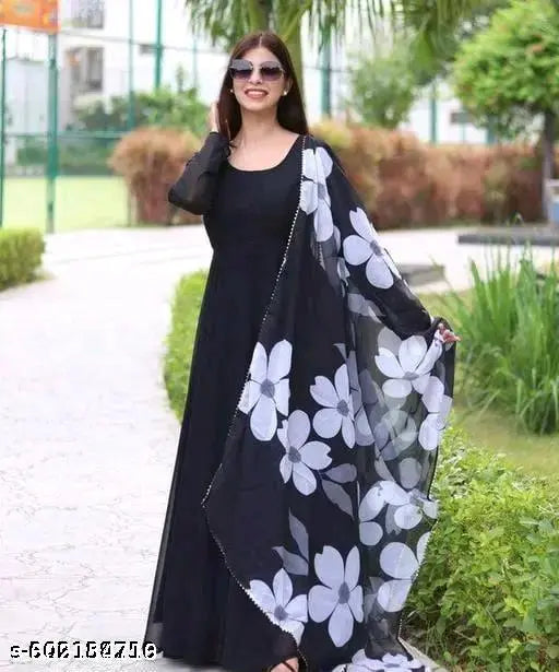 Printed Dupatta With Long Gown (No Bottomwear)