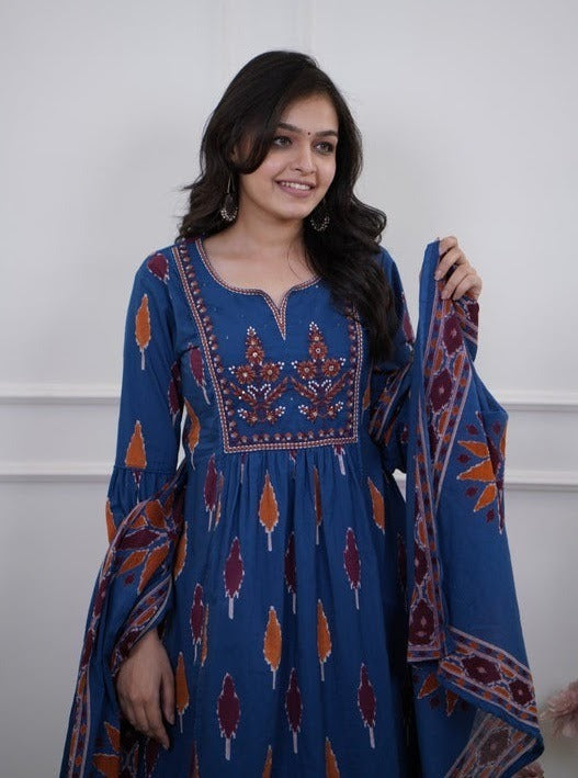 Chahat Suit S Alvami Woman Ethnic Traditional Printed Blue Anarkali Kurta Set with Matching Dupatta
