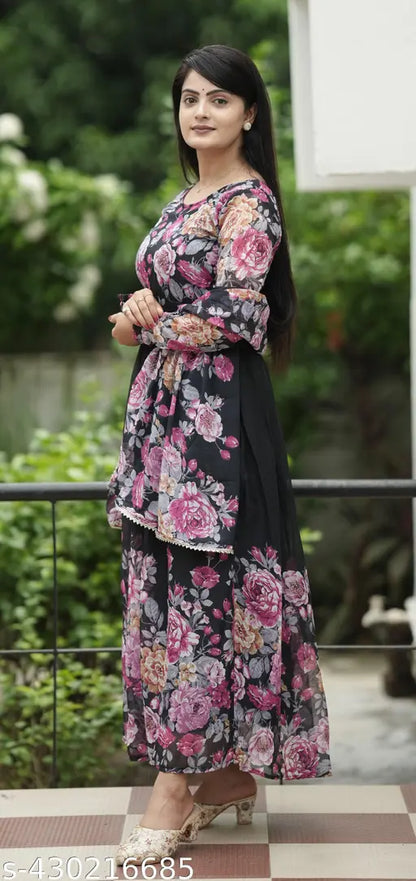 Black Floral colour Georgette Fabric Digitally printed Gown and Duppata Set for woman( NO BOTTOM)