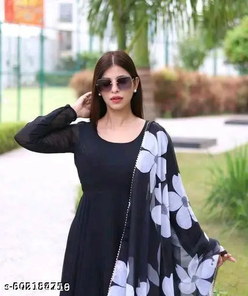 Printed Dupatta With Long Gown (No Bottomwear)