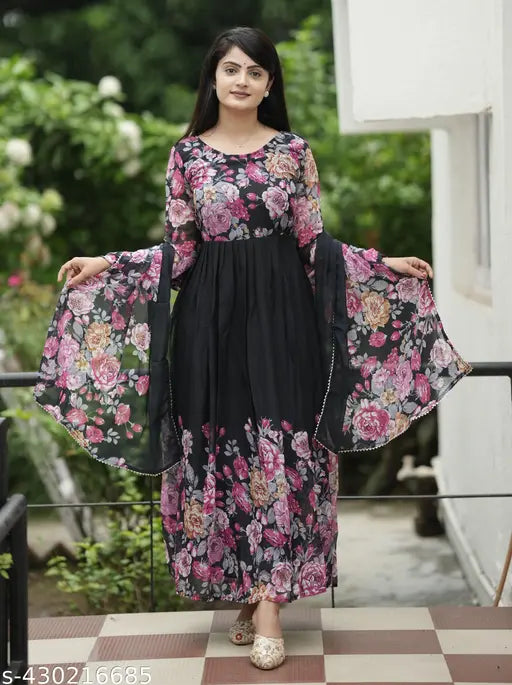 Black Floral colour Georgette Fabric Digitally printed Gown and Duppata Set for woman( NO BOTTOM)