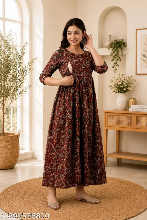 Woman's Floral Printed Viscose Rayon Square Neck Short Women Cotton Floral Maternity Feeding Dress | Nursing Zip Feeding Gown | Pregnancy & Feeding Maxi Dress | 3/4 Sleeve Comfortable Maternity.