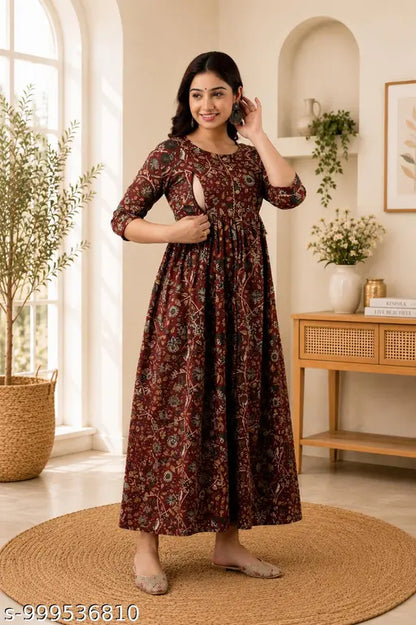 Woman's Floral Printed Viscose Rayon Square Neck Short Women Cotton Floral Maternity Feeding Dress | Nursing Zip Feeding Gown | Pregnancy & Feeding Maxi Dress | 3/4 Sleeve Comfortable Maternity.