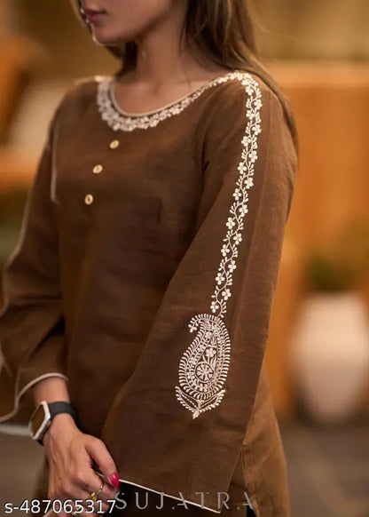 Exclusive Brown Rayon Embroidered Kurta with Bell Sleeves Pant