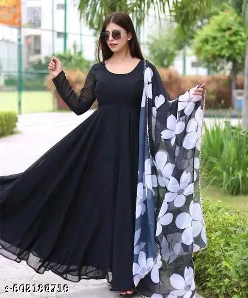 Printed Dupatta With Long Gown (No Bottomwear)