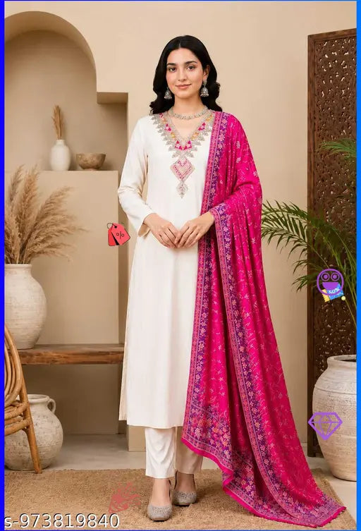 new Cream kurti sete duptta,White embroidered kurta with pink dupatta,Pakistani embroidered 3 piece suit,Women's summer lawn dress with dupatta,Traditional embroidered Pakistani outfit,White ethnic suit for festive wear,Designer kurta set with printed dup