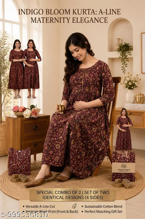 Woman's Floral Printed Viscose Rayon Square Neck Short Women Cotton Floral Maternity Feeding Dress | Nursing Zip Feeding Gown | Pregnancy & Feeding Maxi Dress | 3/4 Sleeve Comfortable Maternity.