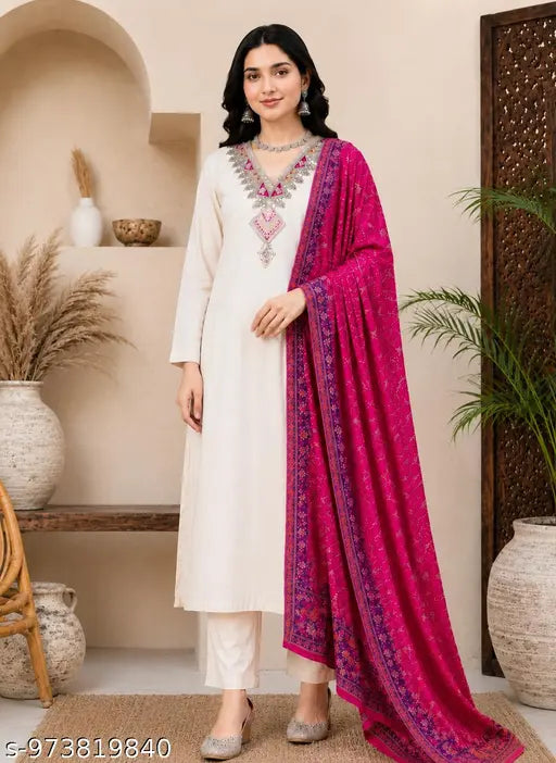 new Cream kurti sete duptta,White embroidered kurta with pink dupatta,Pakistani embroidered 3 piece suit,Women's summer lawn dress with dupatta,Traditional embroidered Pakistani outfit,White ethnic suit for festive wear,Designer kurta set with printed dup