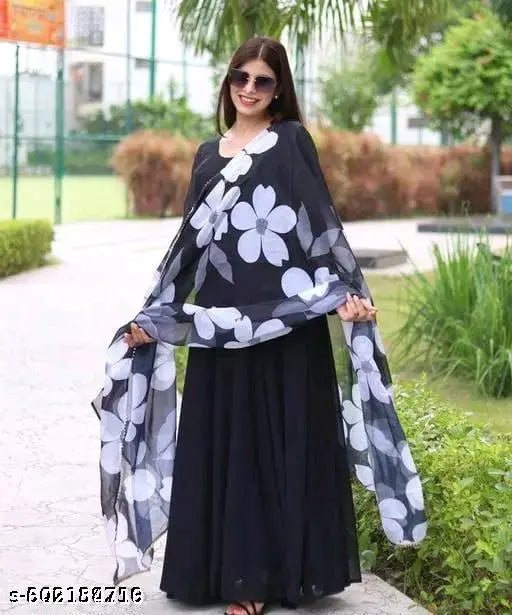 Printed Dupatta With Long Gown (No Bottomwear)