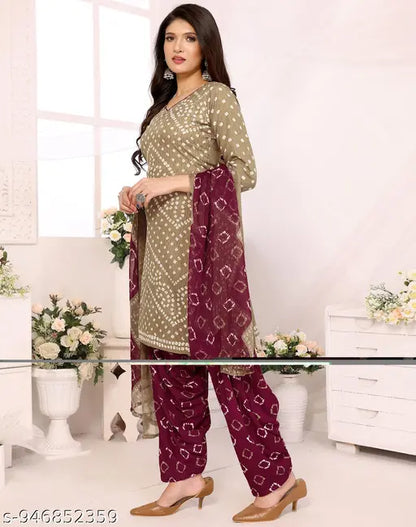 Nirvaan Women's Beautiful Crepe Bandhani Printed Unstitched Dress Material | Mehendi And Purple Color Unstitched Salwar Suit With Dupatta | Salwar Suit For Woman
