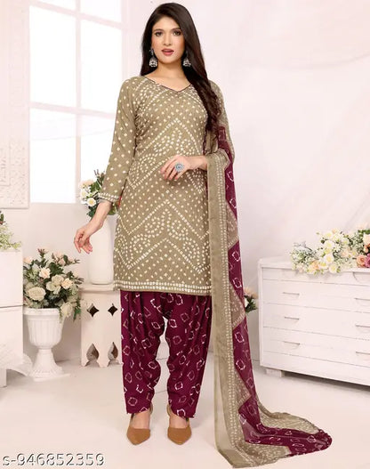 Nirvaan Women's Beautiful Crepe Bandhani Printed Unstitched Dress Material | Mehendi And Purple Color Unstitched Salwar Suit With Dupatta | Salwar Suit For Woman