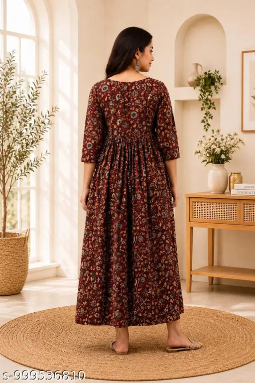 Woman's Floral Printed Viscose Rayon Square Neck Short Women Cotton Floral Maternity Feeding Dress | Nursing Zip Feeding Gown | Pregnancy & Feeding Maxi Dress | 3/4 Sleeve Comfortable Maternity.