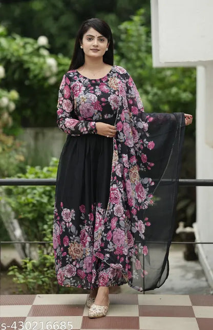 Black Floral colour Georgette Fabric Digitally printed Gown and Duppata Set for woman( NO BOTTOM)